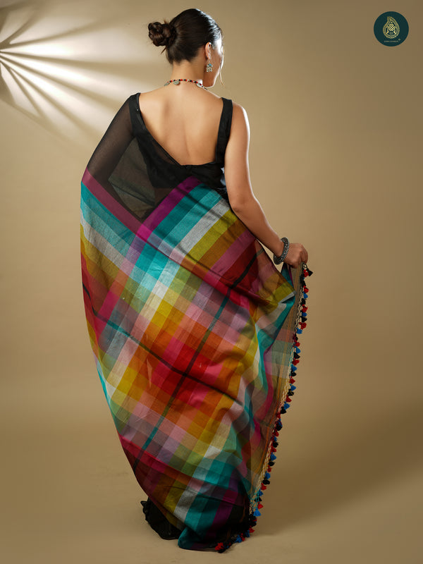 Woven Handloom Cotton Saree - Black Magic