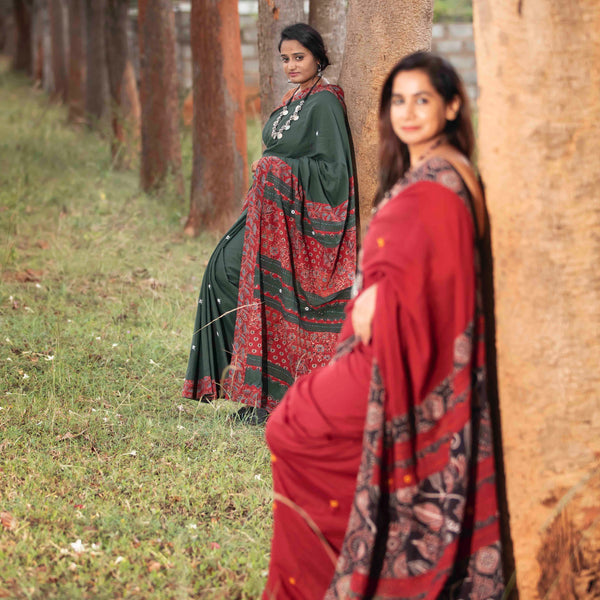 Ajrakh Patchwork Cotton Saree - Blessed Green