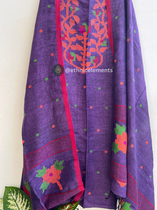 Hand Woven  Linen Jamdani Suit Set- Pastel Violet