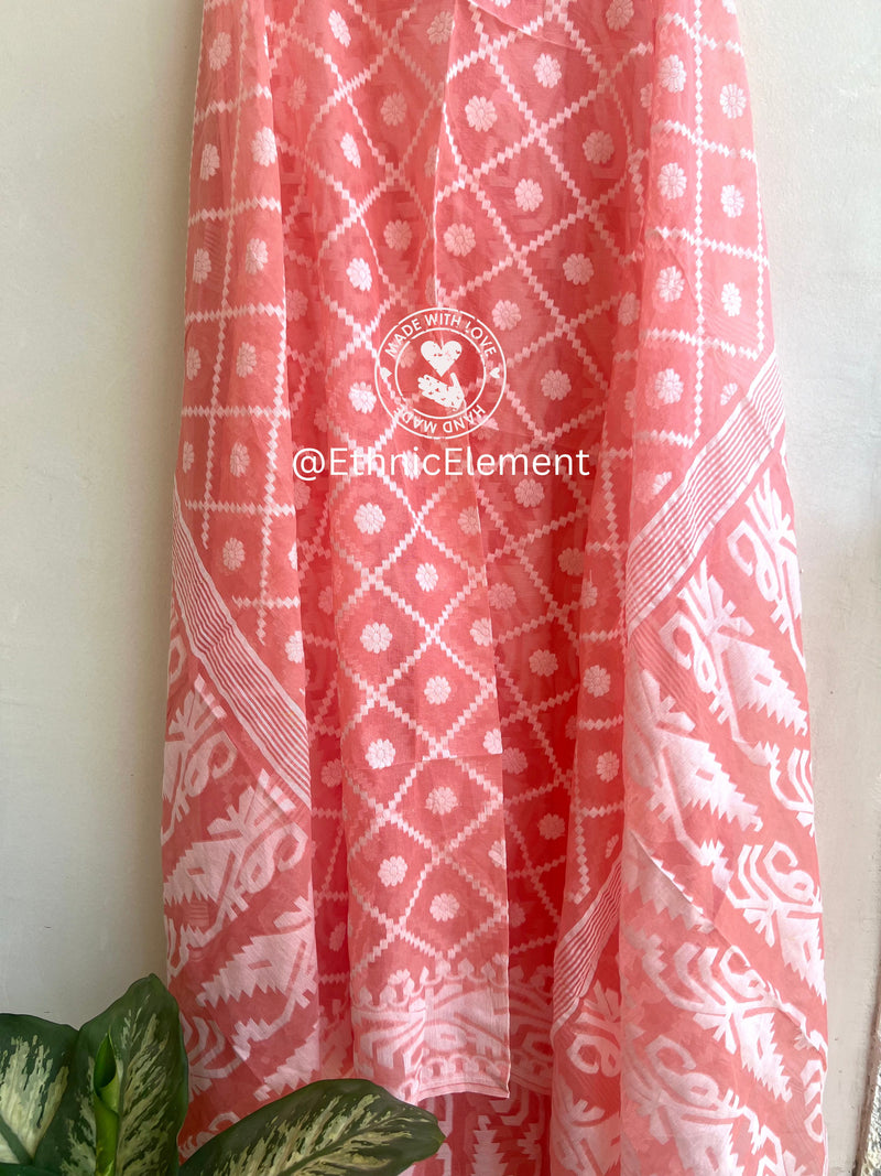 Jamdani Cotton Suit Set - Coral Pink