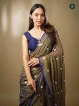 Mul Cotton Embroidered Saree - Shiuli Olive