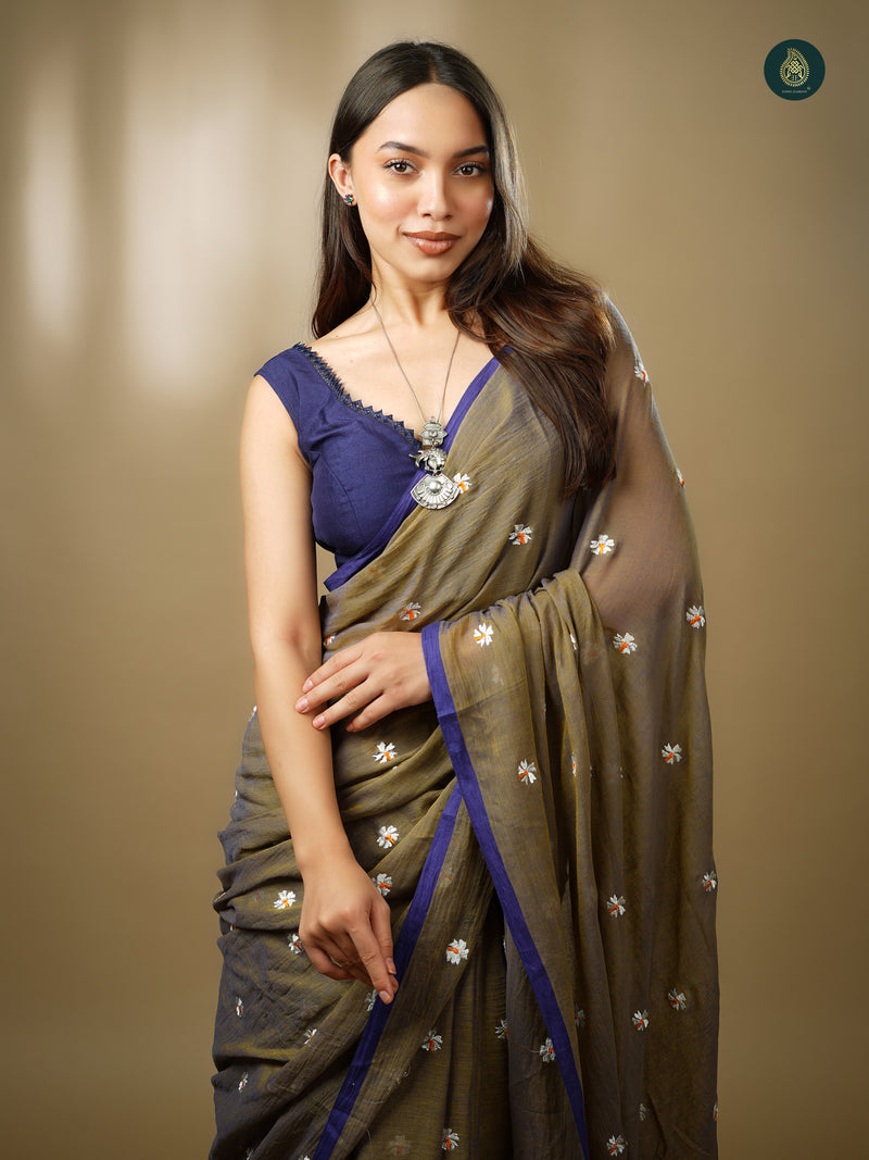 Mul Cotton Embroidered Saree - Shiuli Olive