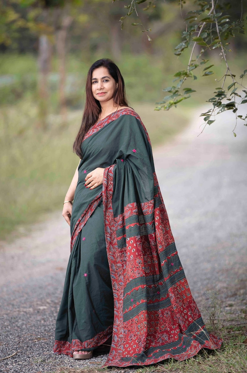 Ajrakh Patchwork Cotton Saree - Blessed Green