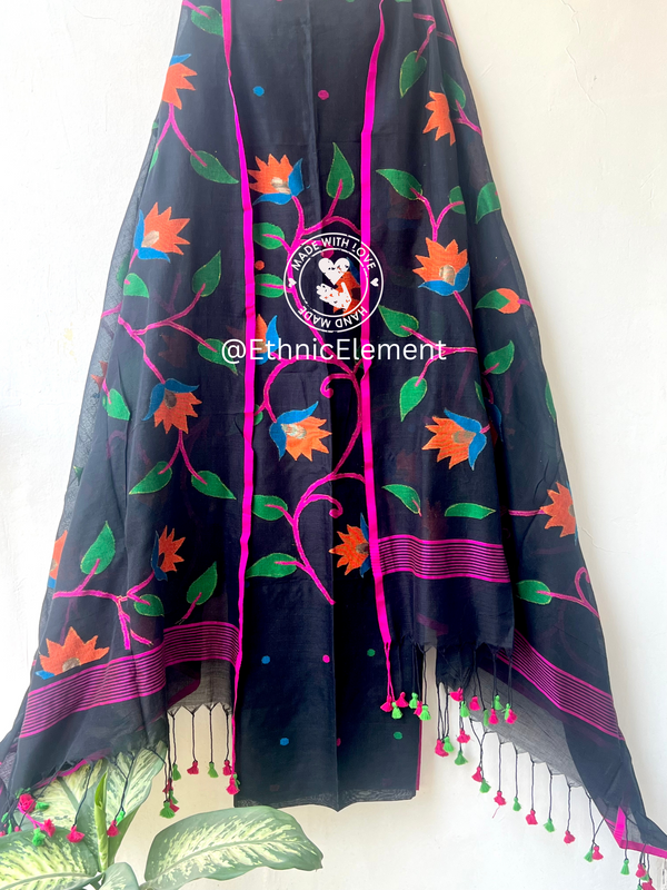 Premium Woven Cotton Jamdani Suit - Midnight Pastels