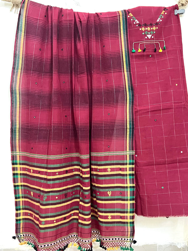 Handloom Bhujodi Kala Cotton Suits-Reddish Brown