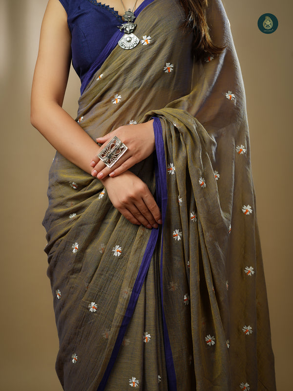 Mul Cotton Embroidered Saree - Shiuli Olive