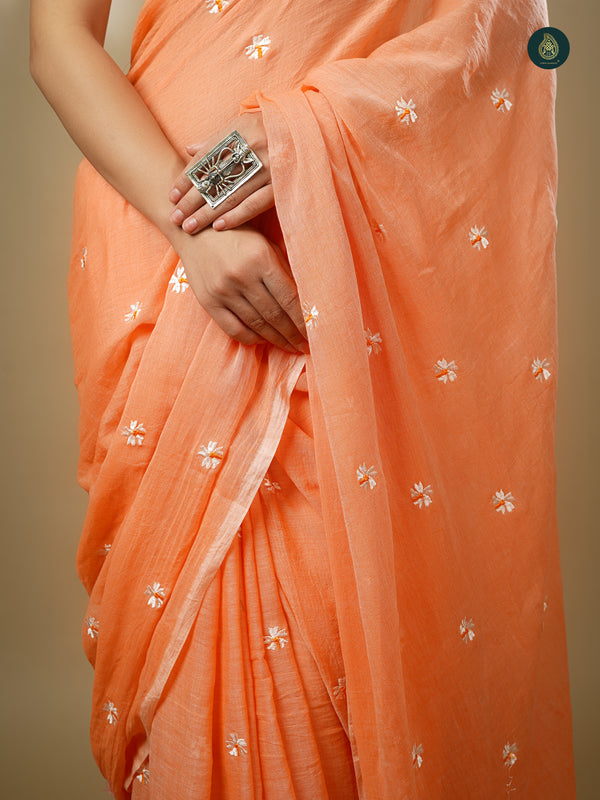 Mul Cotton Embroidered Saree - Shiuli Peach