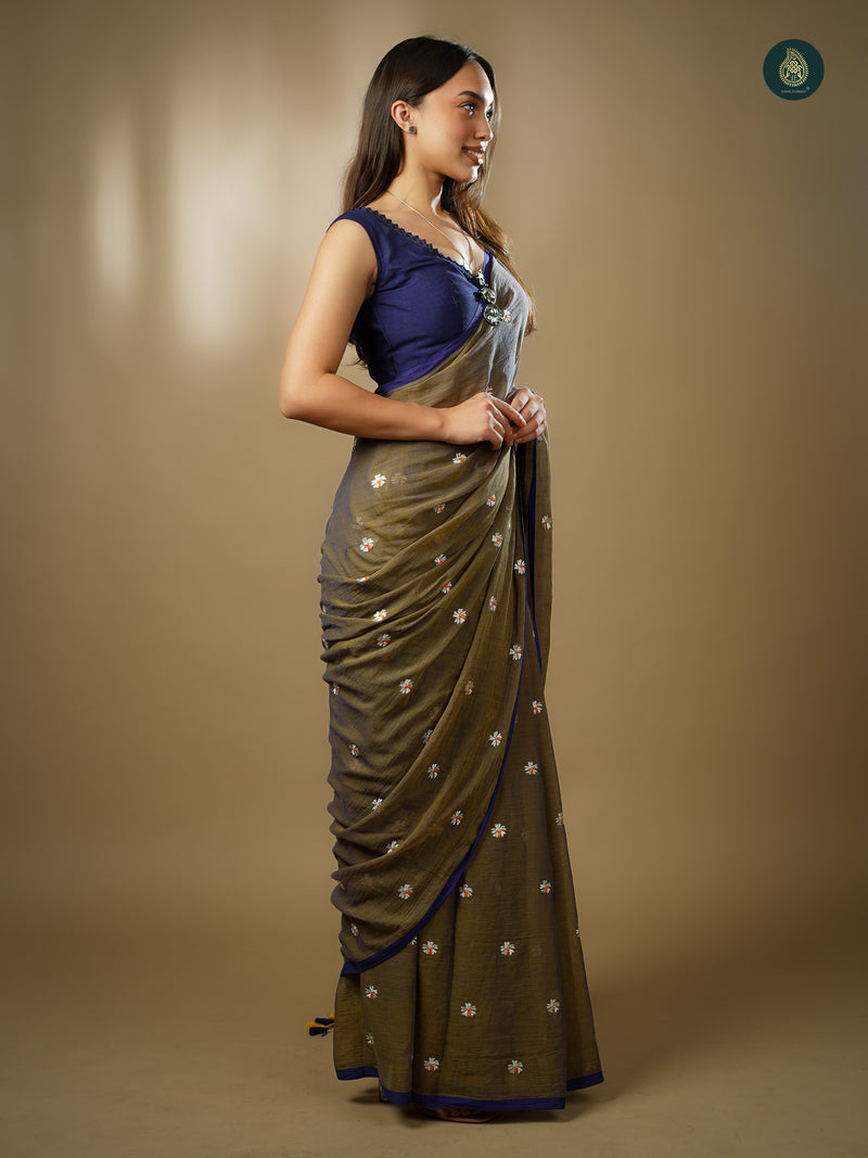 Mul Cotton Embroidered Saree - Shiuli Olive