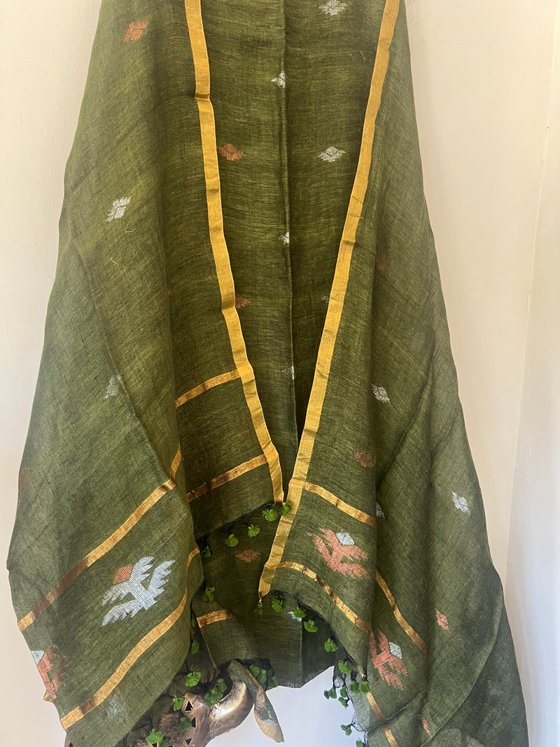 Woven Linen Jamdani Suit Set- Mehendi Green