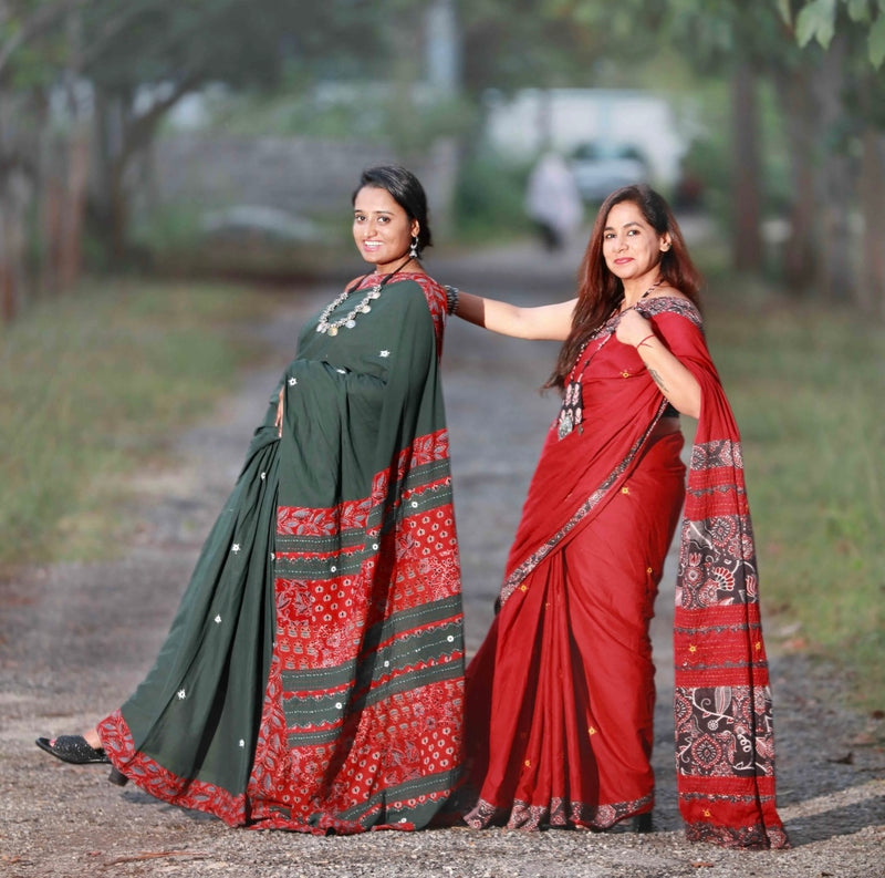 Ajrakh Patchwork Cotton Saree - Graceful Red