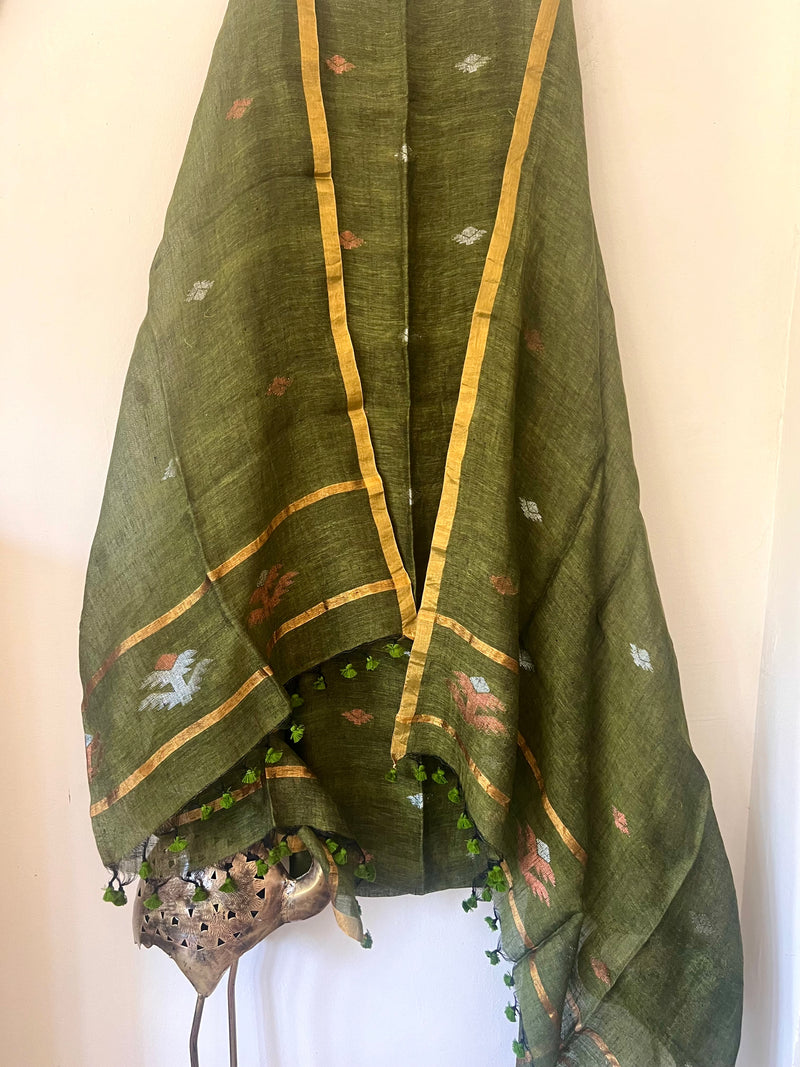 Woven Linen Jamdani Suit Set- Mehendi Green