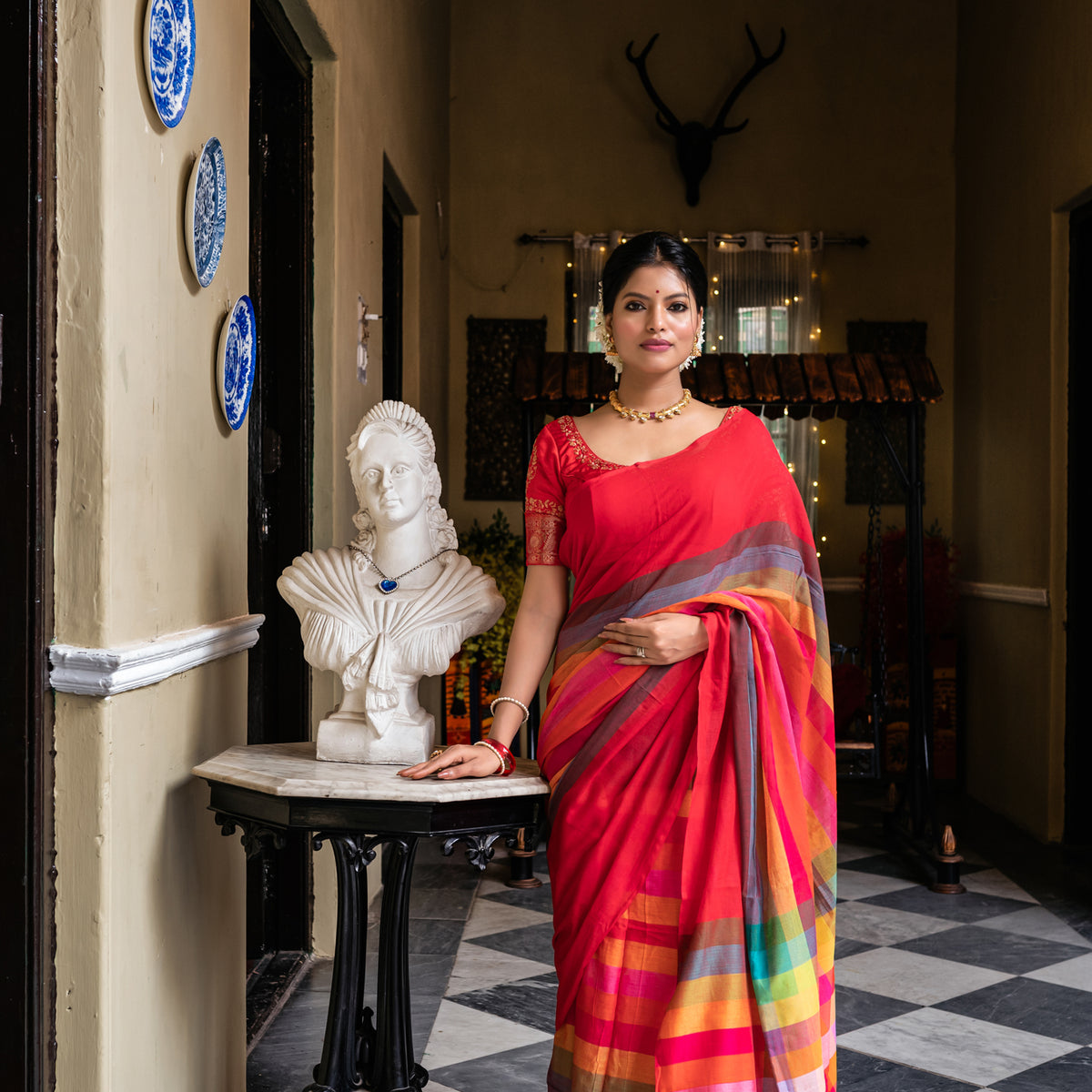 Red Rainbow Woven Mul Cotton Handloom Saree – Ethnic Elements