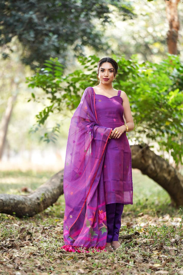 Resham Muslin Jamdani Suit Set- Purple