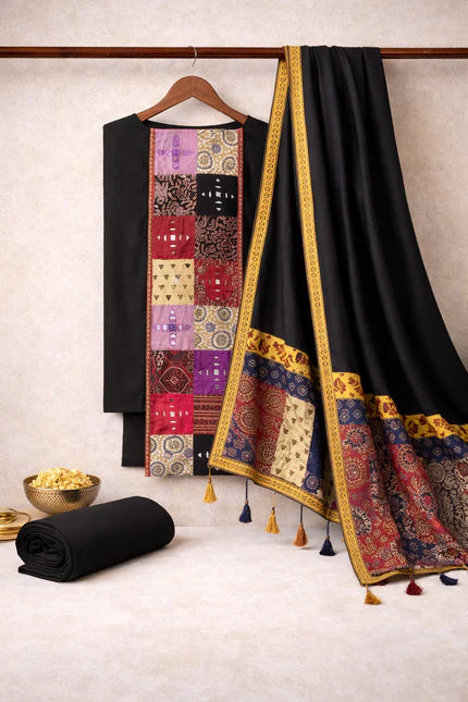 Black fabric with colorful patterns and tassels on a hanger against a neutral background