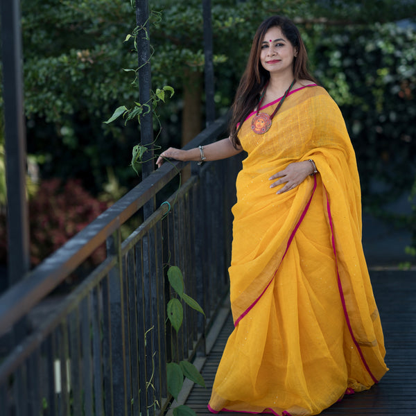 Premium Woven Linen Saree - Haldi Yellow