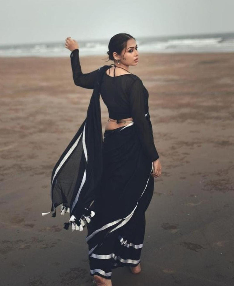 Knight Black Mul Cotton Saree