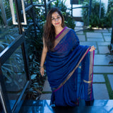 Premium Woven Linen Saree - Deep Blue
