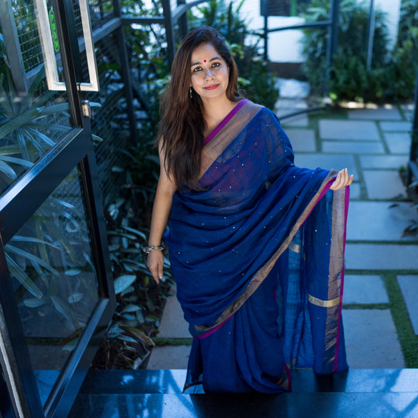 WOMEN'S NIGHT BLUE LINEN SAREE WITH BLOUSE | Saree, Blue silk saree, Saree  trends