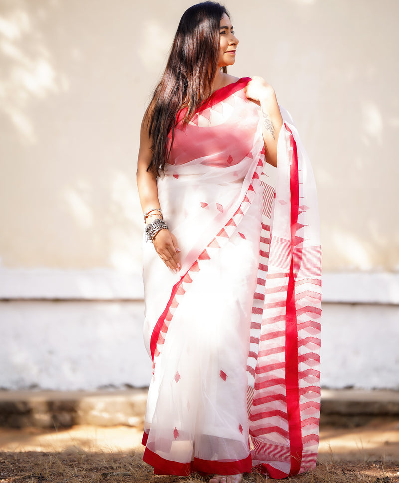 Woven Jamdani Saree - Red & White