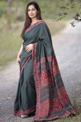 Ajrakh Patchwork Cotton Saree - Blessed Green