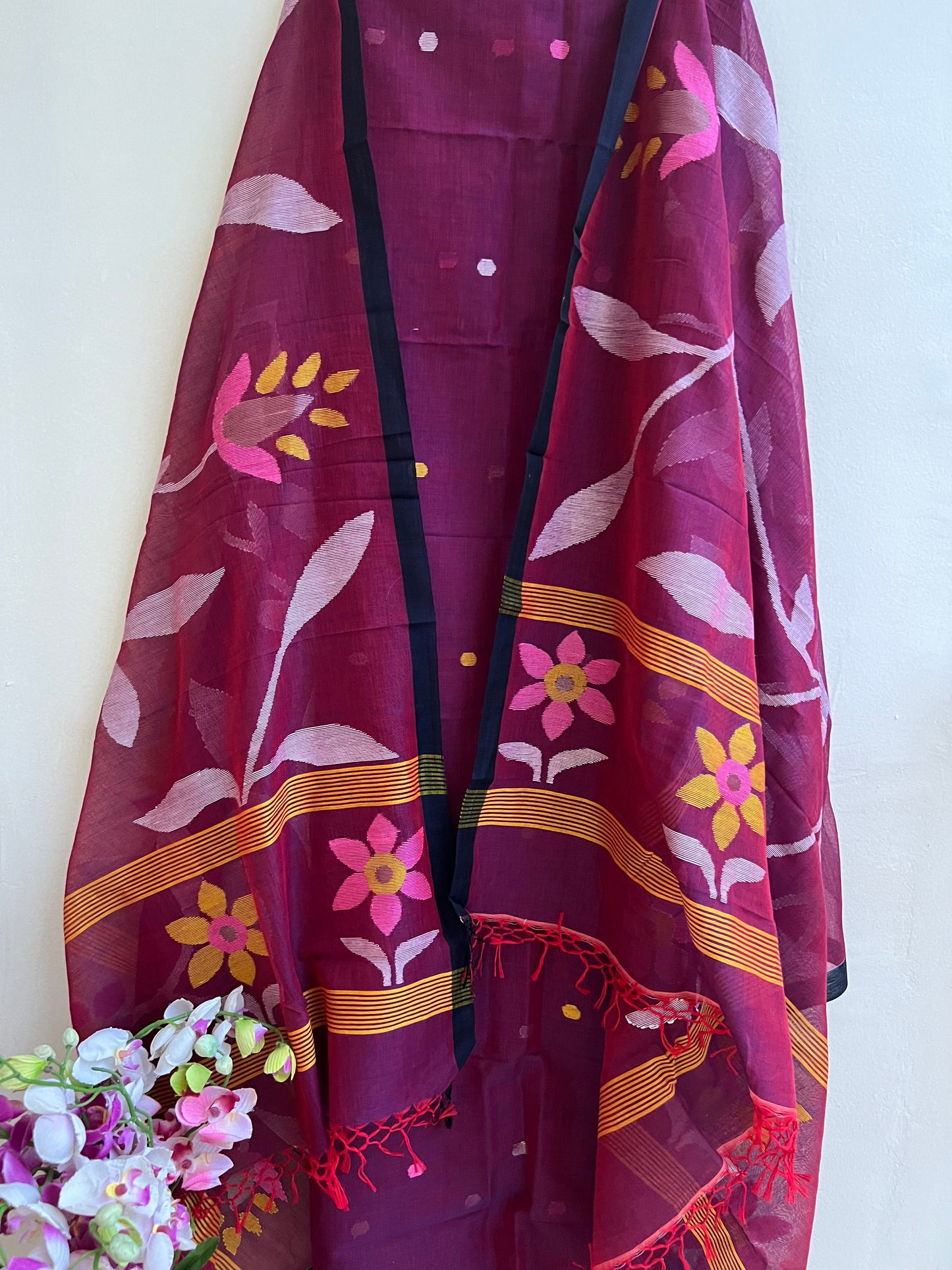 Premium  Woven Cotton Jamdani Suit- Wine