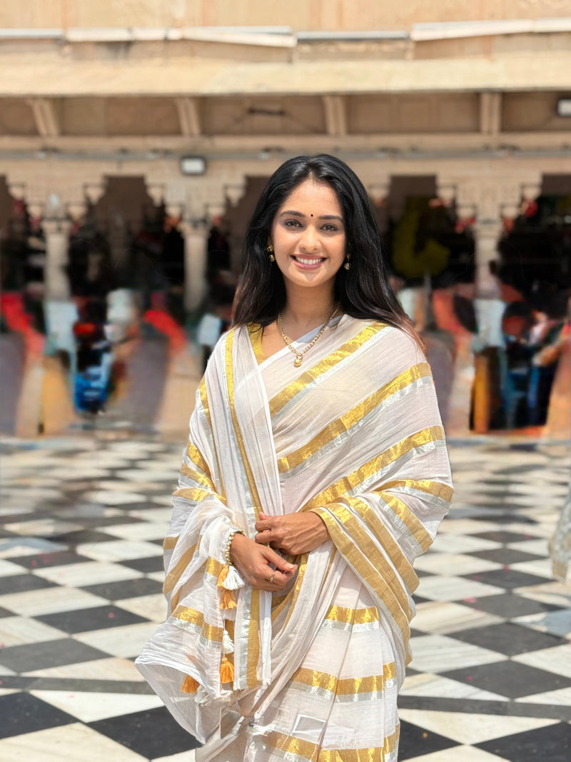 Milky White Golden Zari Stripped Mul Cotton Saree