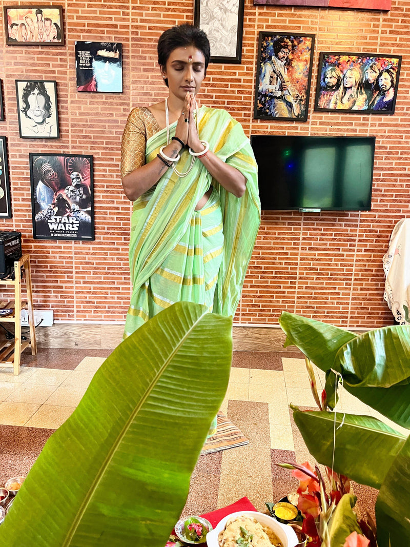 Pista Green Golden Zari Stripped Mul Cotton Saree