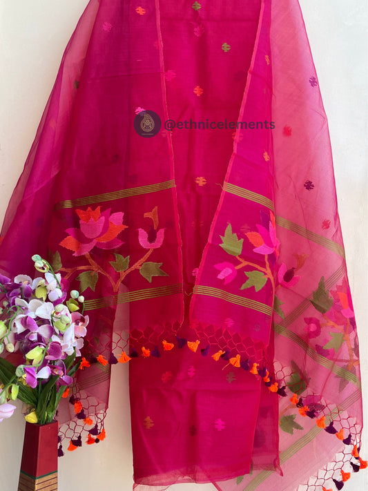 Resham Muslin Jamdani Suit Set- Fuchsia Pink