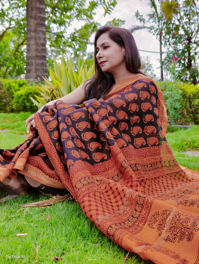 Buy Sooti Syahi Keeping It Cool Handblock Print Mul Mul Cotton Saree Online  – Okhaistore