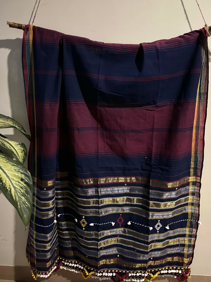 Handloom Bhujodi Kala Cotton Suits-Maroon And Deep Blue