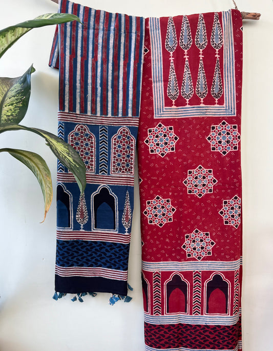 Ajrakh Geometric Print Woven Cotton 3-Pcs Suit Set- Red And Blue