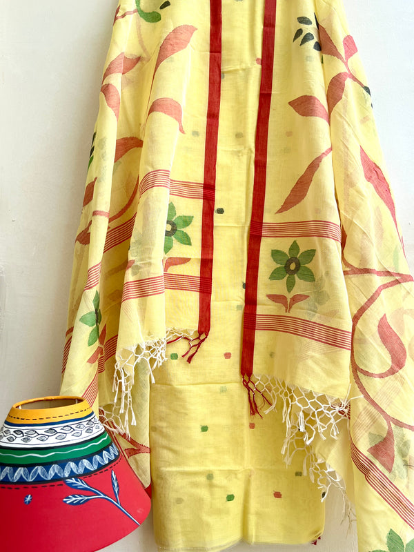 Premium Woven Cotton Jamdani Suit- Sunny Yellow