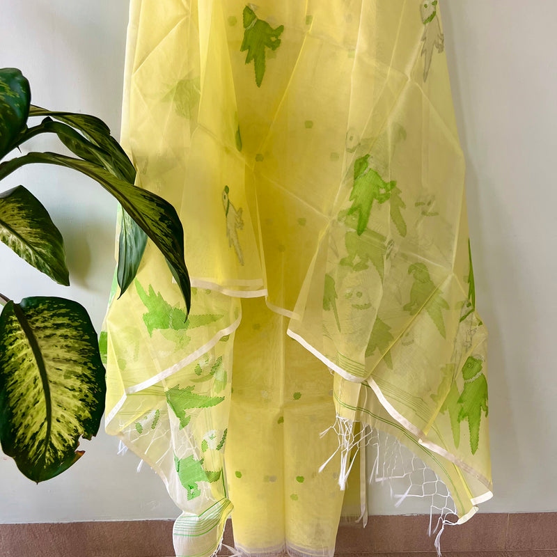 Muslin Jamdani Suit Set- Yellow With Green Bird