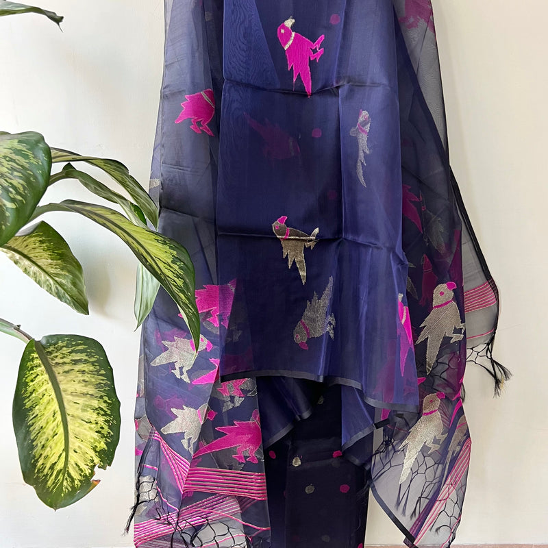 Muslin Jamdani Suit Set- Violet With Rani Pink Bird