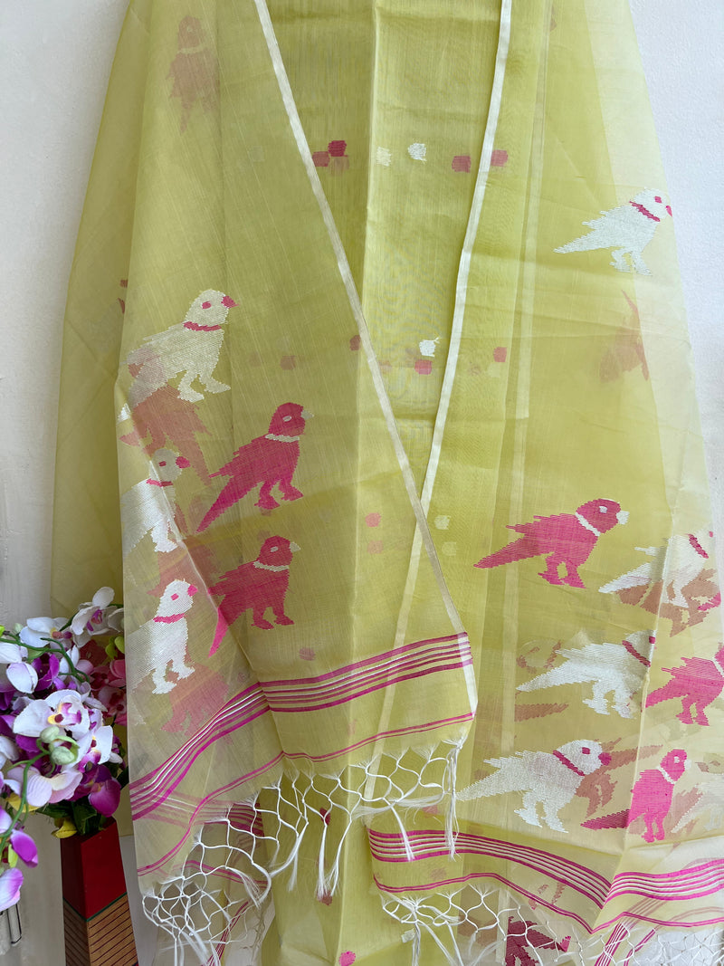 Muslin Jamdani Suit Set- Sap Green with Pink Birds