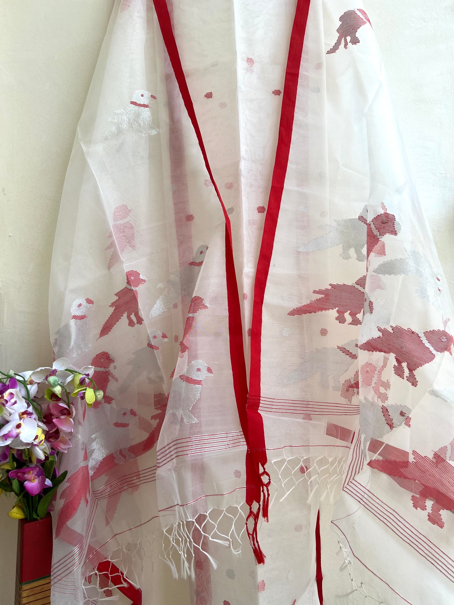 Muslin Jamdani Suit Set- White with Red Birds