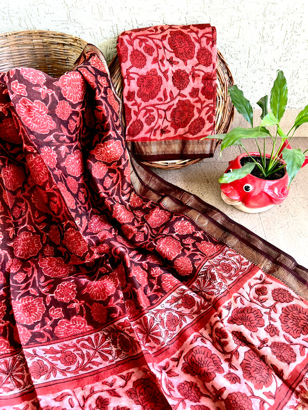 Vanaspati Ajrakh Maheswari Silk Suit Set - Red Floral