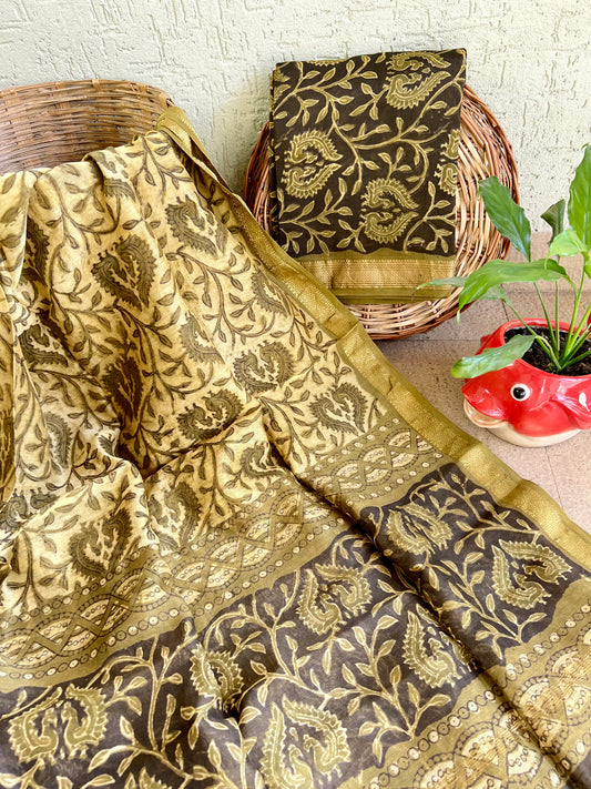 Vanaspati Ajrakh Maheswari Silk Suit Set - Yellow And Mehendi Green