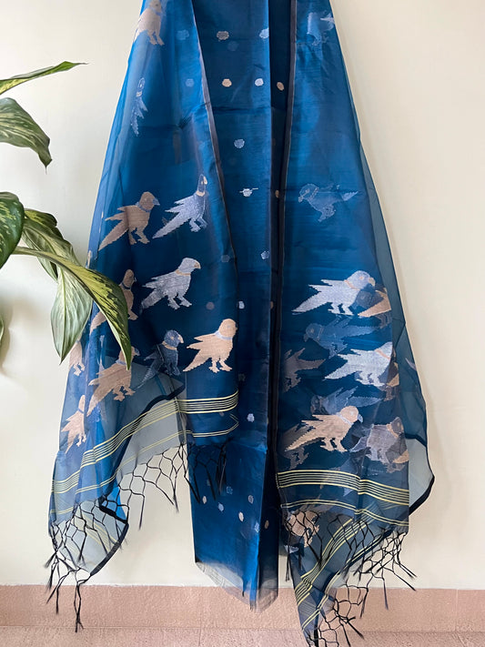 Muslin Jamdani Suit Set- Peacock Blue