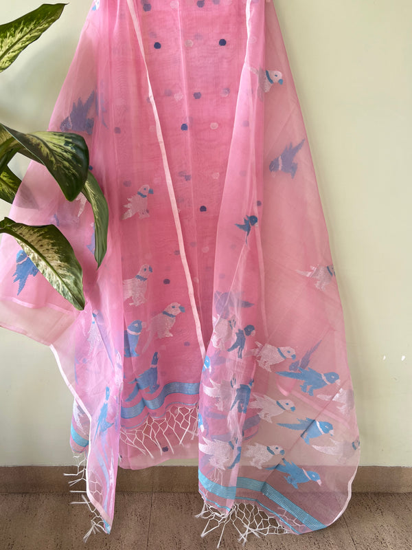 Muslin Jamdani Suit Set- Baby Pink With Blue Bird