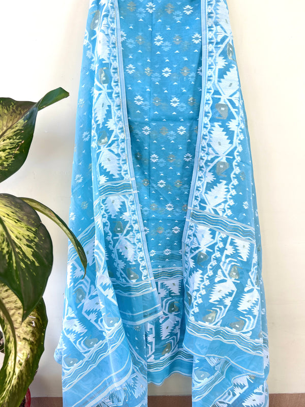 2 Pcs Jamdani Cotton Suit Set - Firozi Blue