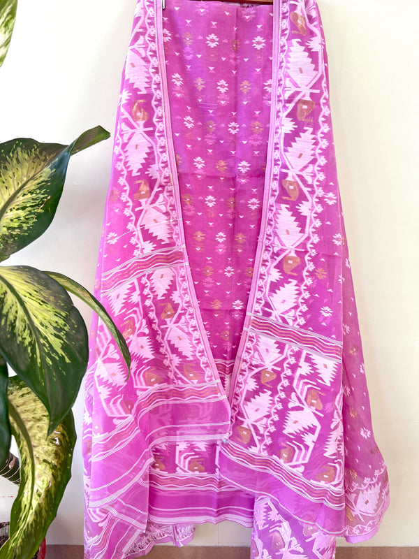 2 Pcs Jamdani Cotton Suit Set - Rose Pink