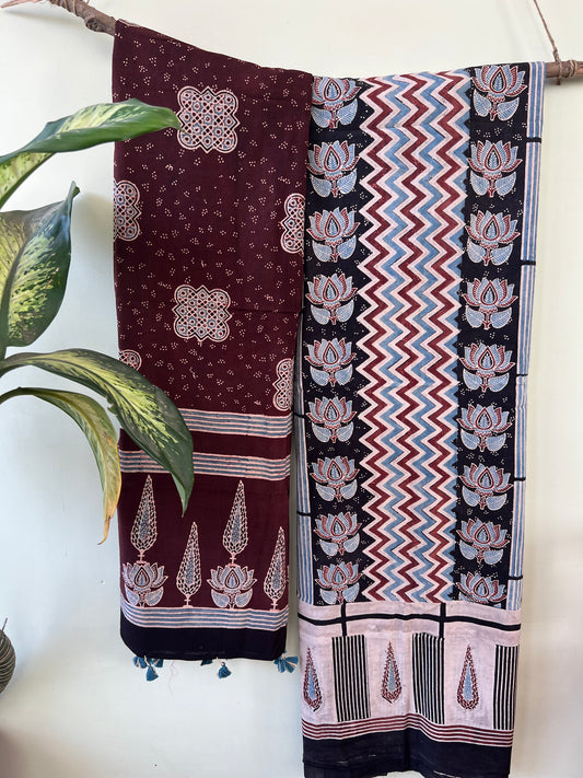 Ajrakh Geometric Print Woven Cotton 3Pcs Suit Set- Chicory Coffee