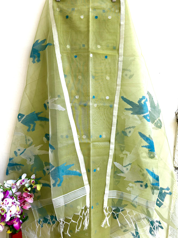 Muslin Jamdani Suit Set- Sap Green with Blue Birds