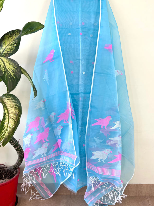 Muslin Jamdani Suit Set - Blue with Pink Birds
