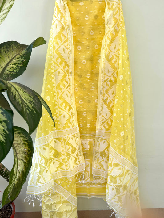 2 Pcs Jamdani Cotton Suit Set - Lemon Yellow