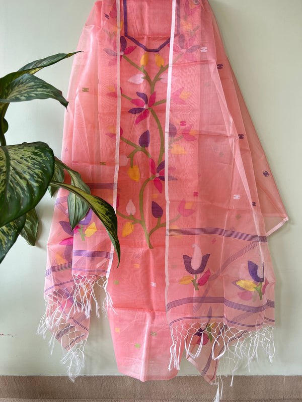 Muslin Jamdani Suit Set- Coral Pink