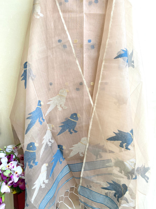 Muslin Jamdani Suit Set- fawn with Blue Birds