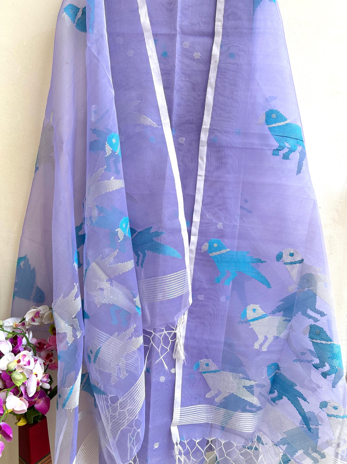 Muslin Jamdani Suit Set- Voilet with Blue Birds