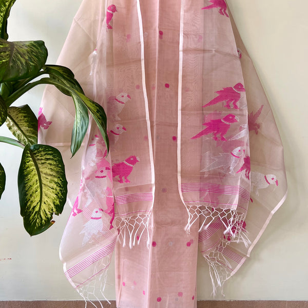 Muslin Jamdani Suit Set- Cream With Rani Pink Bird